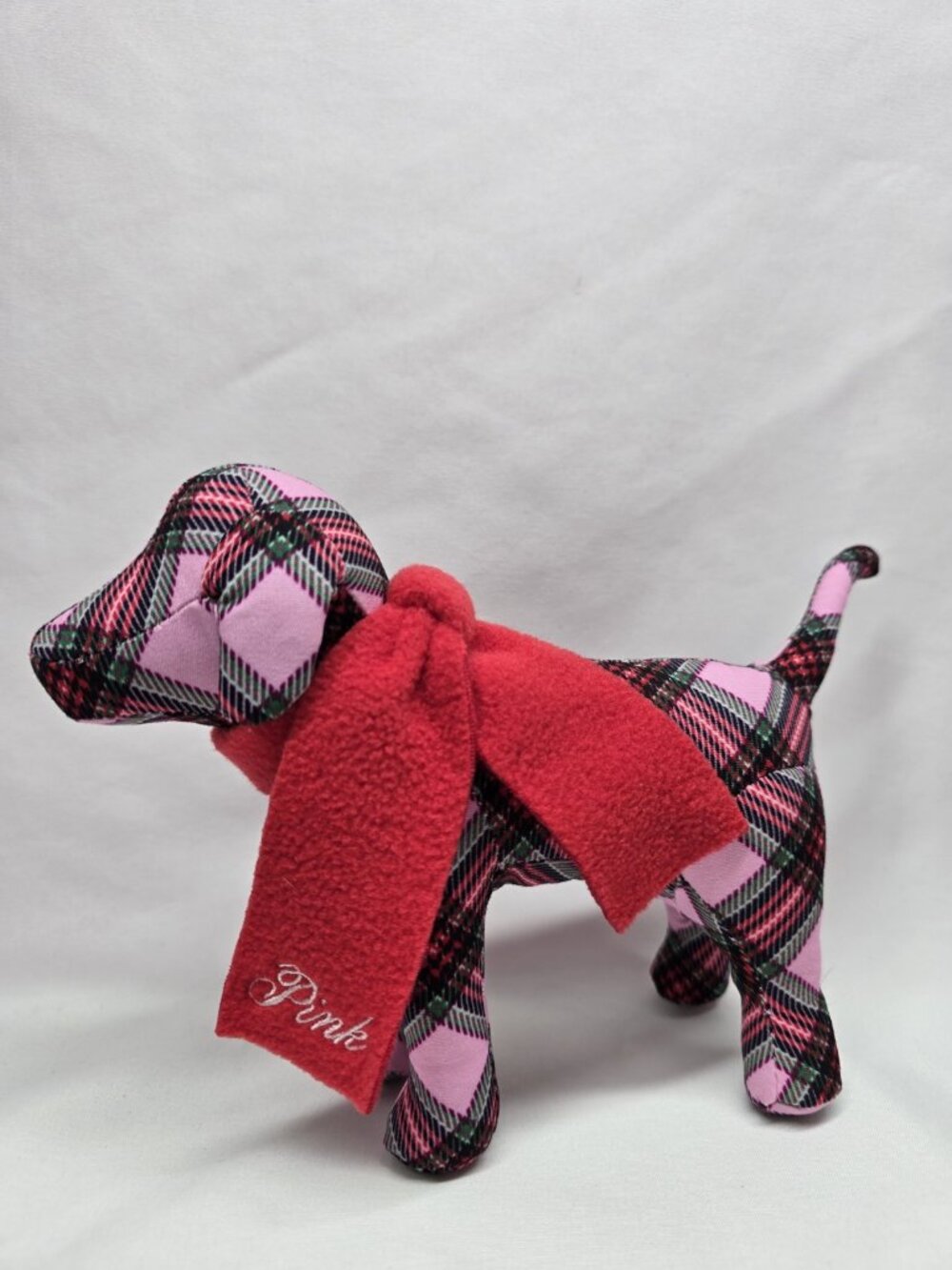 PINK Victoria's Secret Plaid Stuffed Plush Dog with Red Scarf Christmas